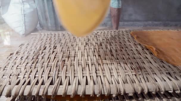 Close Person Making Traditional Banh Trang Cake Wooden Table — Stockvideo