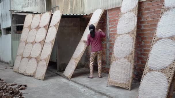 Frau Aus Bescheidener Vietnamesischer Familie Platziert Massen Von Banh Trang — Stockvideo