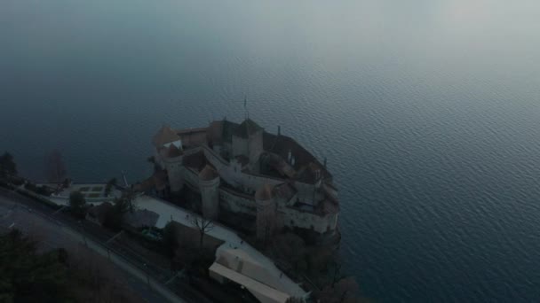 Stunning Aerial Chateau Chillon Located Lake Geneva Switzerland — стоковое видео