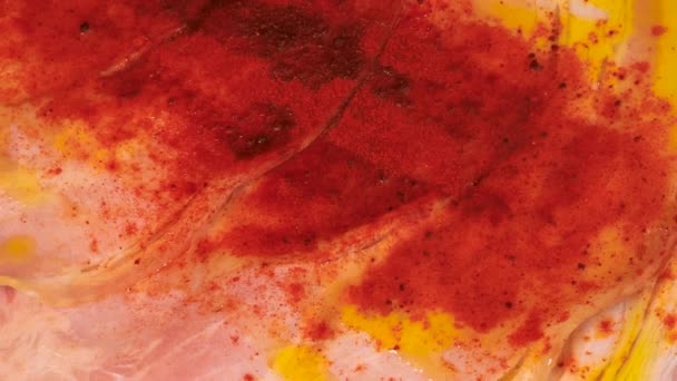 Red Pepper Powder Ham Olive Oil Combination Macro Shot Close — Stock Video