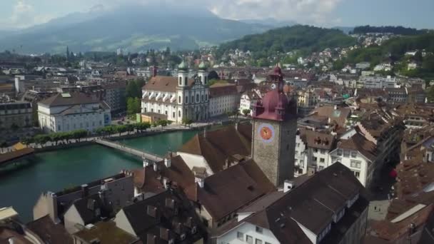 Aerial Orbit Lucerne Old Town Picturesque Rooftops Jesuit Church Reuss — Vídeos de Stock