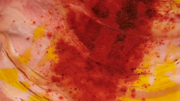 Macro Shot Red Pepper Powder Ham Olive Oil Combination Close — Vídeos de Stock