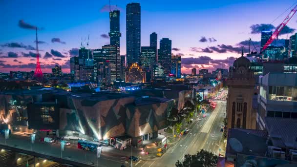 Melbourne Australia Victoria City Looking Federation Square Sunset Car Motion — Wideo stockowe