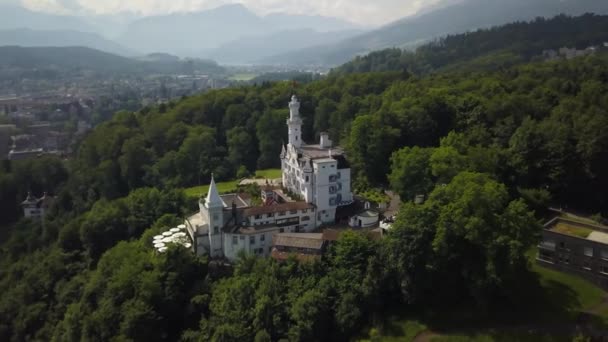 Aerial Orbit Chateau Gutsch Palace Hotel Hill Top Dense Woods — Stock video