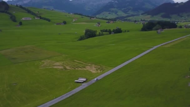 Aerial Panning Cars Driving Peaceful Road Surrounded Green Meadow Cottages — Stockvideo