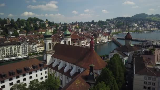 Aerial Parallax Baroque Jesuit Church Reuss River Chapel Bridge Water — Video