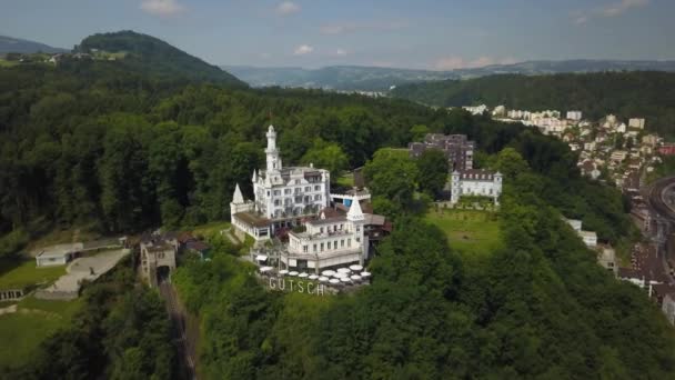 Aerial Orbit Chateau Gutsch Luxurious Hotel Hill Summit Surrounded Dense — Video Stock