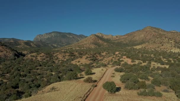 Vista Aérea Montanhas Áridas Passando Sobre Estrada Terra Com Veículo — Vídeo de Stock