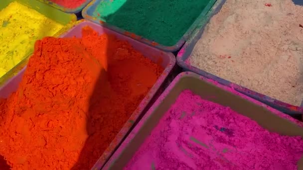 Different Colored Gulal Holi Powder Sold Local Shop India Holi — Stock Video