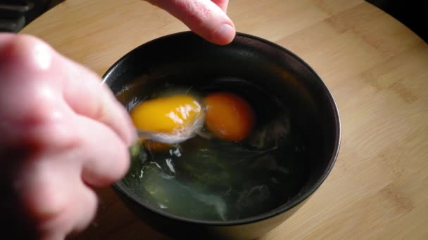 Male Hand Beating Eggs Fork Cooking Eggs Breakfast — Wideo stockowe