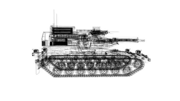 Loop Rotation Animation Military Tank Wireframe Thin Dark Black Lines — Vídeos de Stock