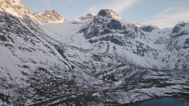 Incredible Aerial Shot Snow Covered Mountains Kvaloya Norway — Vídeos de Stock