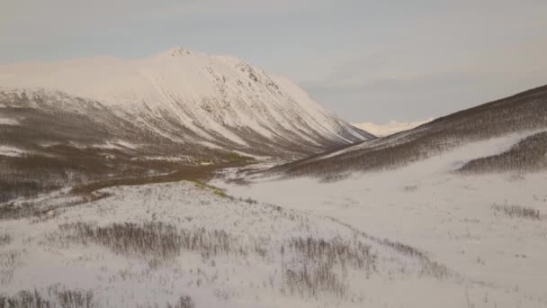 Mountainscape Covered Ice Winter Oldervik Norway Aerial Drone Shot — стоковое видео