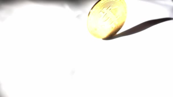 Hand Spinning Solid Gold Bitcoin Stops Falls Flat White Background — Vídeo de Stock