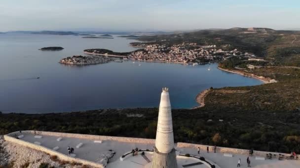 Aerial Primosten Our Lady Loreto Statue — Stock video