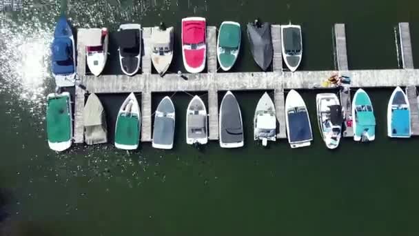Marina Gevuld Met Waterscooters Boten Ontario Canada Green Blue Lake — Stockvideo
