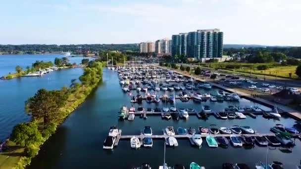 Downtown Barrie Οντάριο Marina Boat Docks Waterfront Beach Condos Blue — Αρχείο Βίντεο