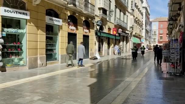 Two Police Motorcycles Driving Street City Center Malaga City People — 비디오