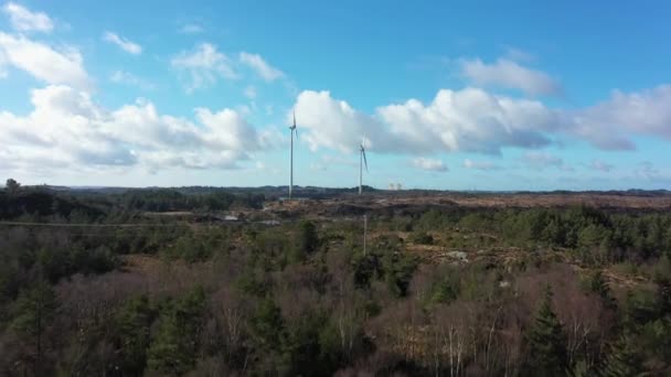 Wind Turbines Lindesnes Wind Farm Norway Beautiful Approaching Aerial Treetops — Stockvideo