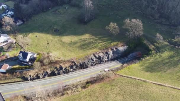 Mastrafjord Subsea Tunnel Top Birdseye Aerial Showing Cars Driving Tunnel — Vídeo de Stock