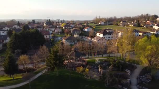 Drone Shot Small Park Wooden Shelter Waterfall — Video
