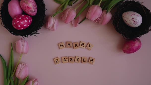 Top Lay Flat Shot Creative Easter Layout Made Colorful Eggs — Stock Video