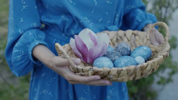 Close Cinematic Shot Girl Holding Hands Basket Easter Eggs Isolated — Wideo stockowe