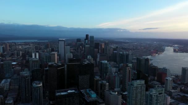 Wide Establishing Aerial Seattle Downtown Skyscrapers Clouds Distance — Stock Video