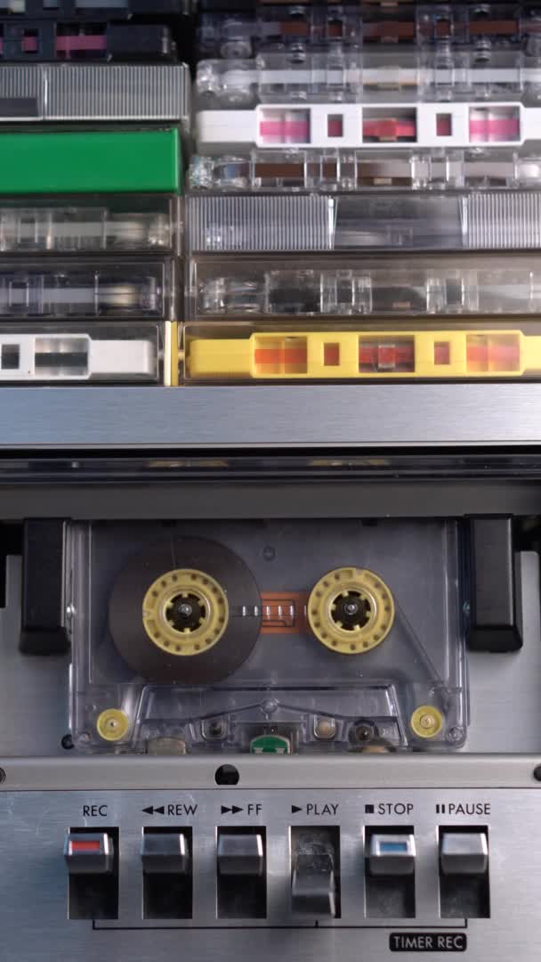 Vertical Video Audio Cassette Tape Rolling Vintage Deck 1980 Bunch — Stockvideo