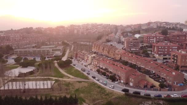 Aerial Urban Residential Street Town Catalonia Sunset Dolly Forward — Stock Video