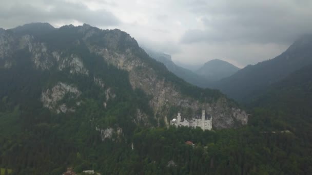 Aerial Dolly Out Idyllic Neuschwanstein Castle Top Hill Surrounded Dense — Video