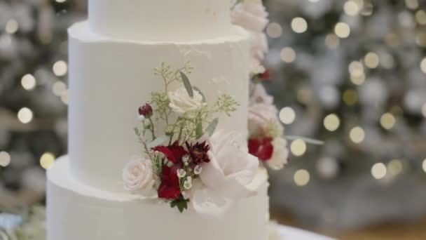 Primo Piano Palmare Una Torta Nuziale Bianca Tre Strati Decorata — Video Stock