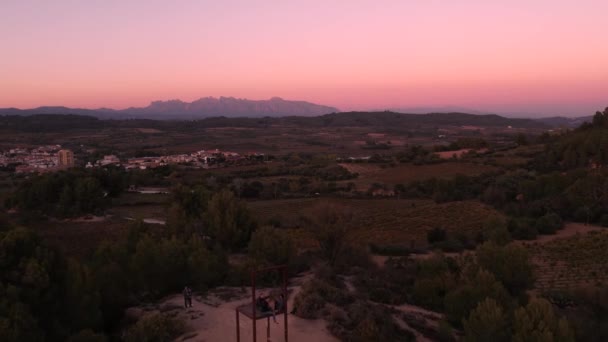 Aerial Penedes Vineyards Durante Orange Sunset Skies Con Montserrat Sullo — Video Stock