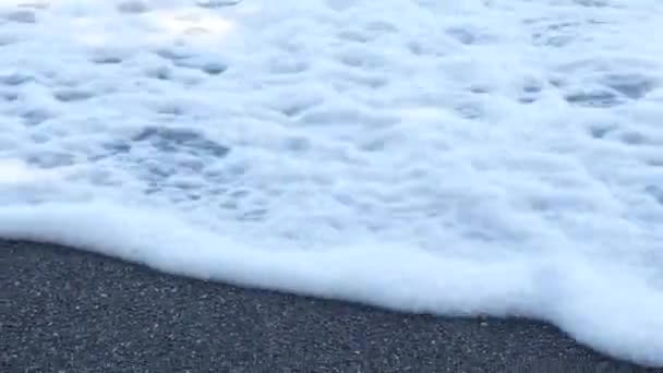 Foamy Sea Waves Washing Ashore Sandy Beach Macro — Video
