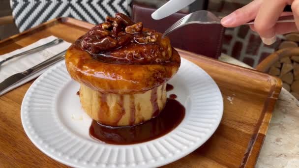 Fresh Sweet Homemade Brioche Bread Topped Pecan Nut Caramel French — Stock Video