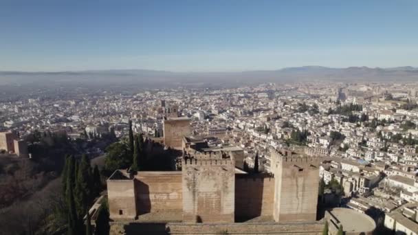 Alhambra Cityscape Background Granada Spain Aerial Drone Panoramic View Sky — Stockvideo