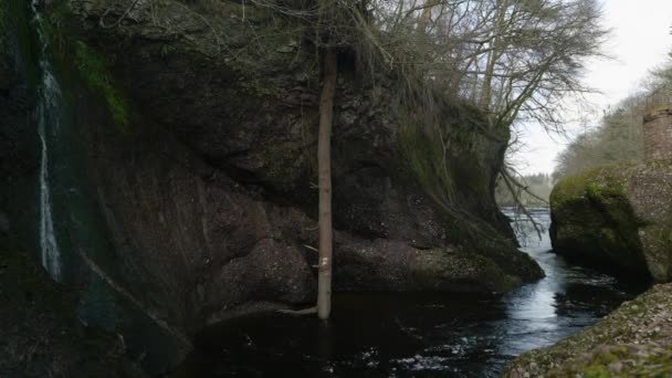 滝のように峡谷を通ってスコットランドの孤独の岩で北エスク川を流れ落ちる暗い水は 大きな嵐の後に岩や風に吹かれた木が崖の端にぶら下がっています — ストック動画