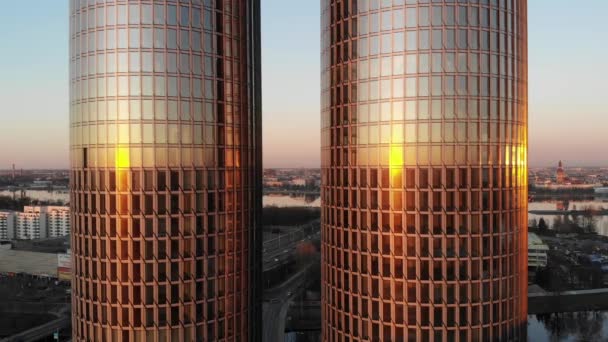 Aerial View Twin Glass Skyscrapers Golden Sunset Riga Latvia Cityscape — Video Stock