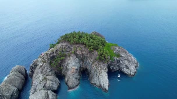 Aerial View Ilheu Santana Island Cloudy Sao Tome Tilt Drone — Vídeos de Stock