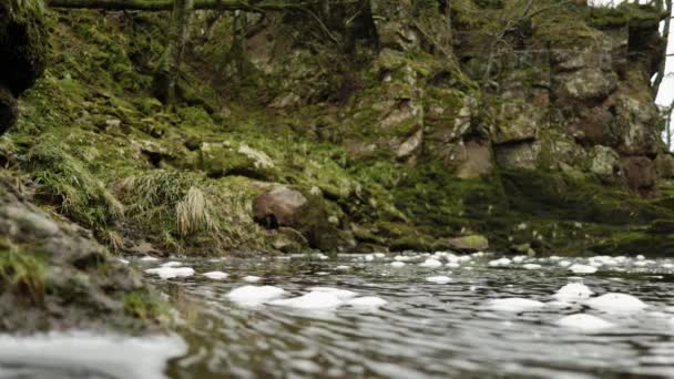 Bubbles Foam Floating Surface Water North Esk River Scotland Slowly — Stockvideo
