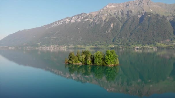 瑞士小岛上的德洛内斯特 背面是高山全景 清晨的阳光 岛上的光线反射在水面上 — 图库视频影像