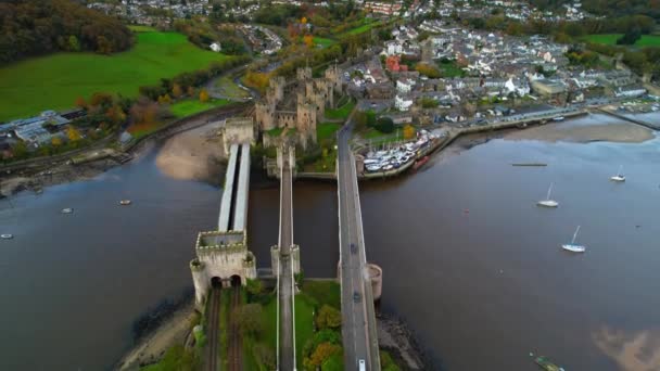 Fortaleza Del Castillo Conwy Gales Del Norte Reino Unido Aérea — Vídeo de stock