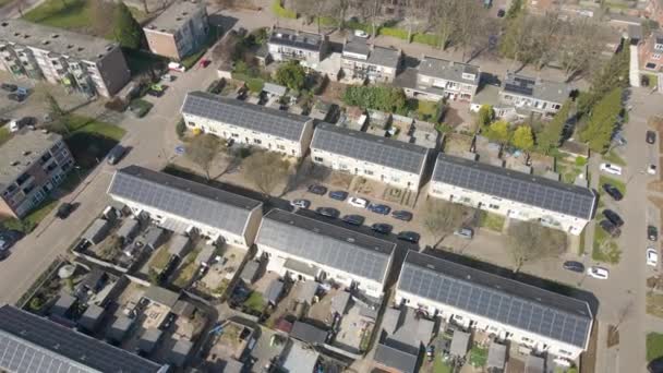 Aerial Rooftops Filled Solar Panels Residential Block — стоковое видео