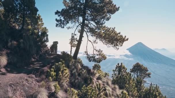 Мандрівники Покидають Табір Через Небезпечну Гірську Дорогу Гватемалі Вулкани Стоять — стокове відео