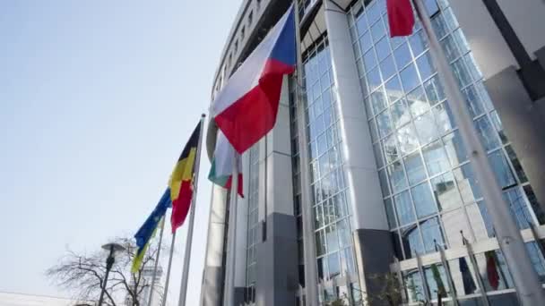 在比利时布鲁塞尔欧洲议会前 Pov Gimbal枪杀了欧盟成员国和乌克兰的国旗 — 图库视频影像