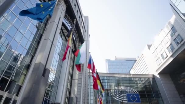 Filmový Záběr Vlajek Evropských Členských Států Vlnících Před Parlamentem Bruselu — Stock video