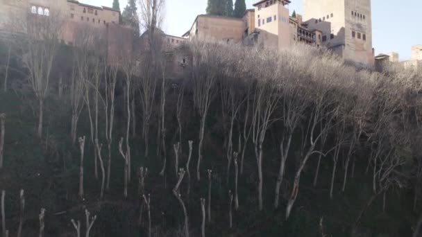 Alhambra Complex Palace Walled Fortress Granada Spain Pedestal Aerial Wide — Wideo stockowe