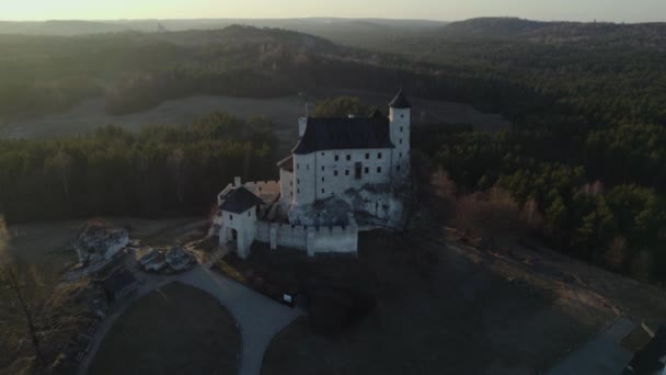 Bobolice Royal Castle Construction Scenic Sunset Light Aerial — 비디오