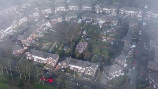 Thick Fog Cover British Residential Townhouse Neighbourhood Aerial View Birdseye — Stock Video