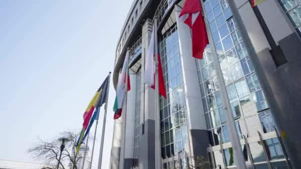 Fotografía Cinematográfica Banderas Países Europeos Ondeando Frente Edificio Del Parlamento — Vídeo de stock